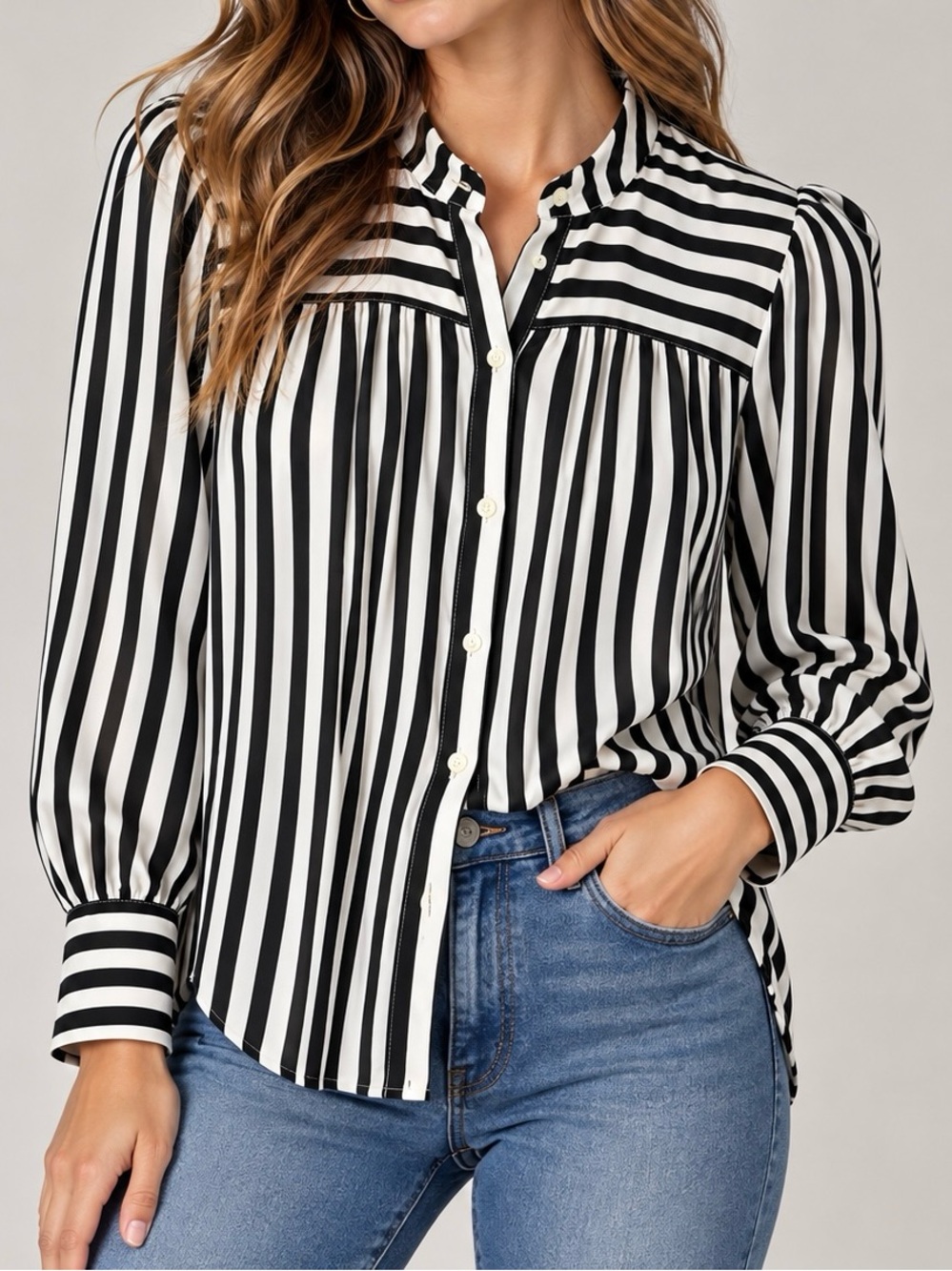 LOFT Black & White Striped Long Sleeve Button-Down Blouse (Size XS)